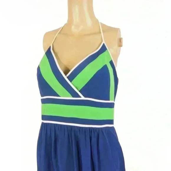 NWT Trina Turk Silk Blue Green Colorblock Halter Neck Summer Dress - Picture 2 of 5